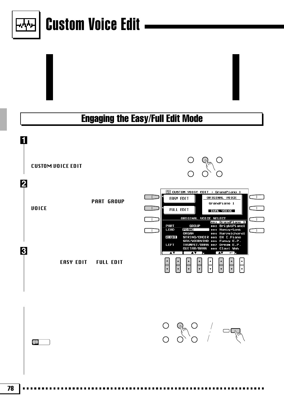 Custom voice edit, Engaging the easy/full edit mode, Engage the custom voice edit mode | Select a preset voice, Select easy or full edit, Exiting | Yamaha PSR-4000 User Manual | Page 82 / 165