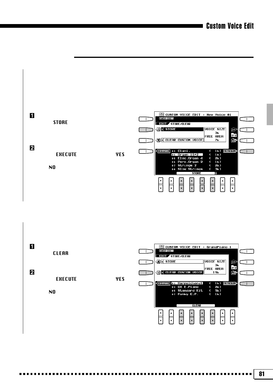 Custom voice edit, Store/clear | Yamaha PSR-4000 User Manual | Page 85 / 165