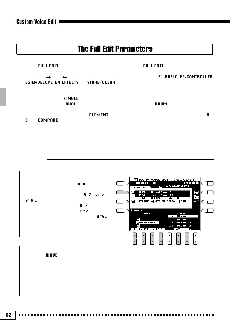 The full edit parameters, Custom voice edit, E1:basic | Yamaha PSR-4000 User Manual | Page 86 / 165