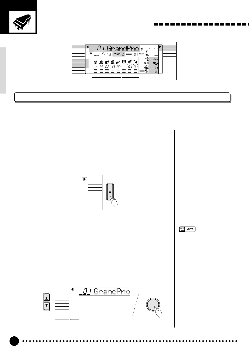 Playing the psr-520, Selecting & playing voices, Grandpno | Select the normal mode, Select the voice function | Yamaha PSR-520 User Manual | Page 13 / 102