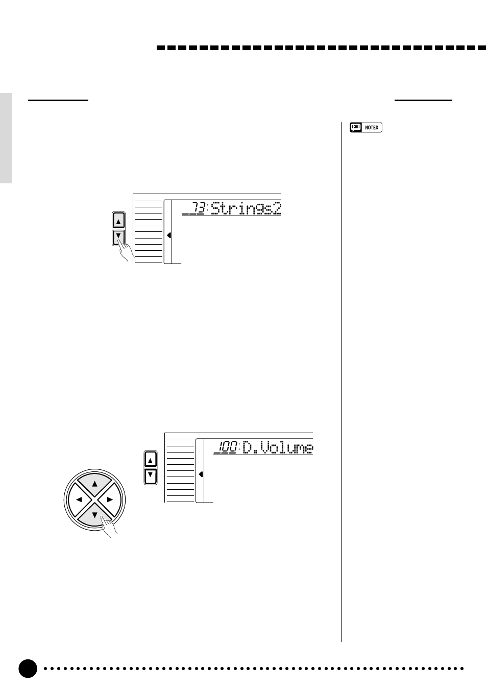 Playing the psr-520, Strings2, D.volume | Changing the dual voice & related parameters, Select the dual voice function, Select the function and set as required | Yamaha PSR-520 User Manual | Page 19 / 102
