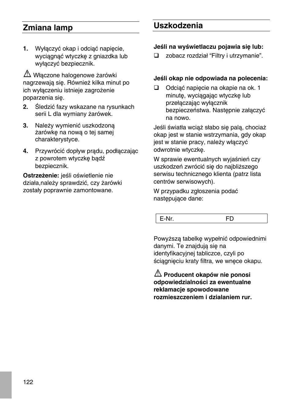 Zmiana lamp, Uszkodzenia | Bosch DID09T950 Edelstahl 90 cm breit Deckenlüftung User Manual | Page 122 / 124