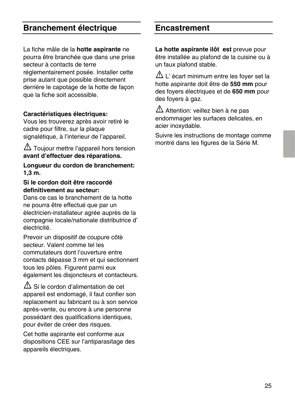 Branchement électrique, Encastrement | Bosch DID09T950 Edelstahl 90 cm breit Deckenlüftung User Manual | Page 25 / 124