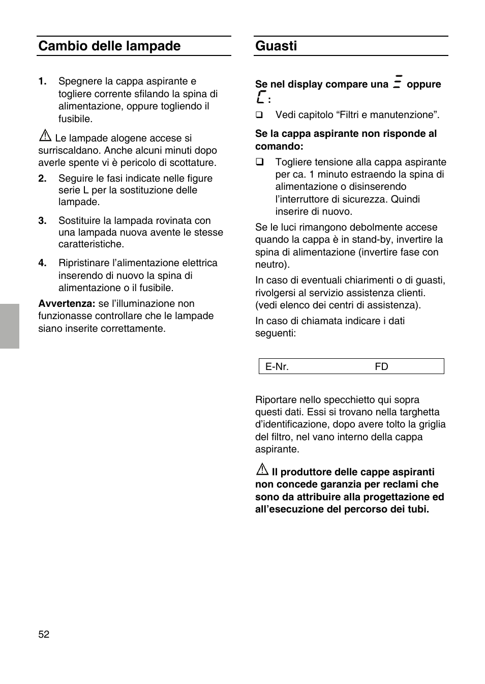 Cambio delle lampade, Guasti | Bosch DID09T950 Edelstahl 90 cm breit Deckenlüftung User Manual | Page 52 / 124