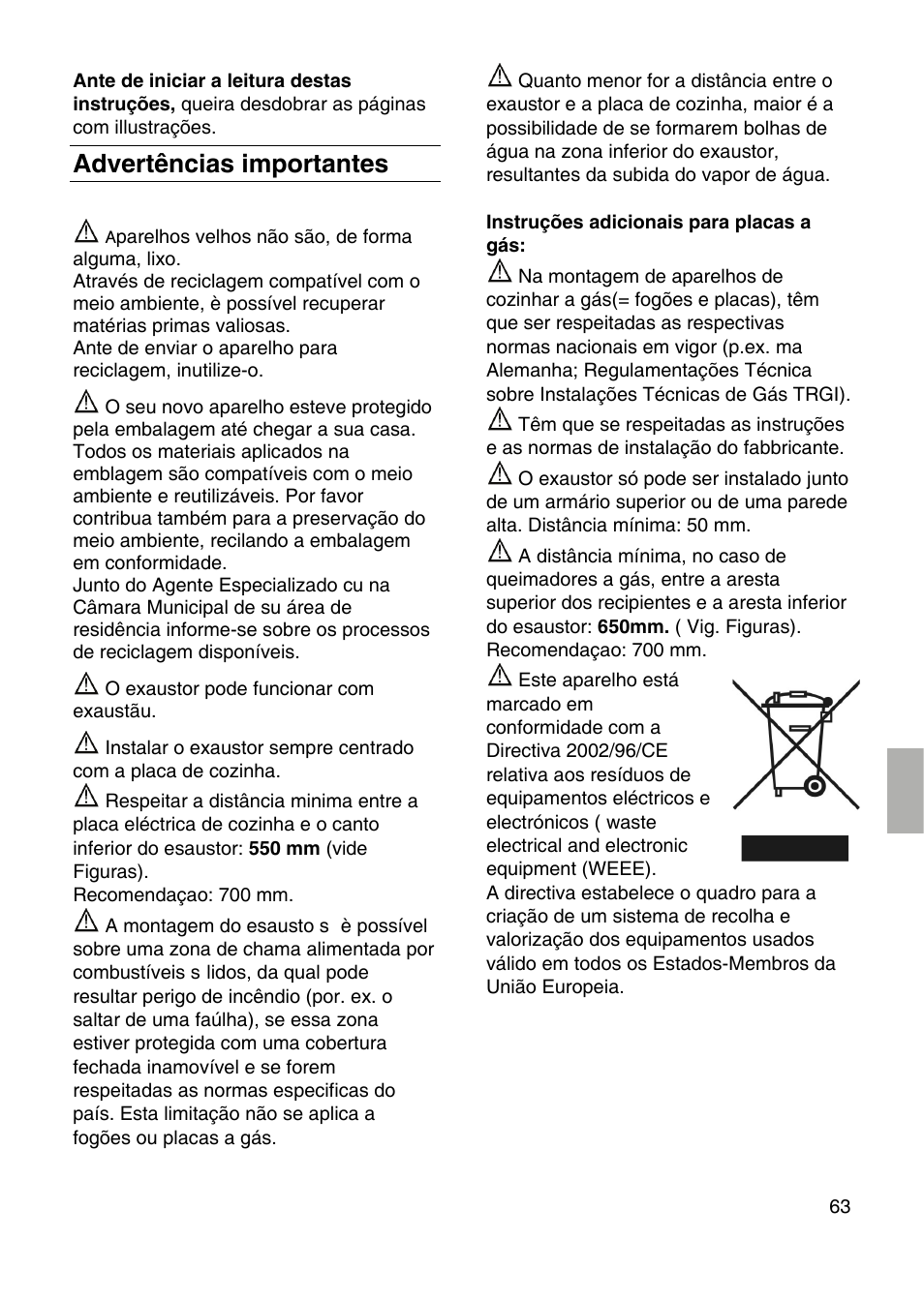 Advertências importantes | Bosch DID09T950 Edelstahl 90 cm breit Deckenlüftung User Manual | Page 63 / 124