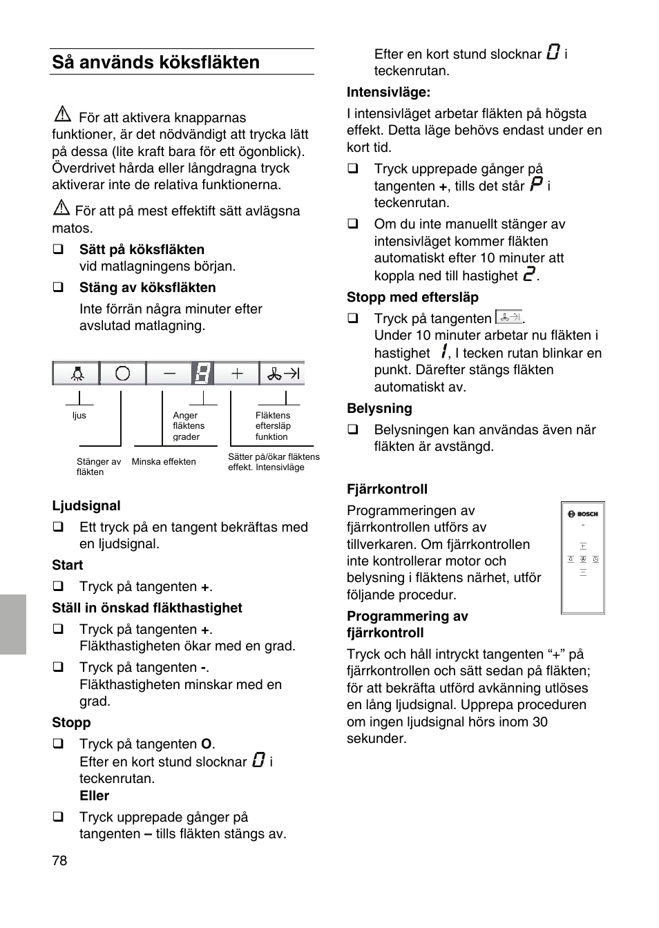 Så används köksfläkten | Bosch DID09T950 Edelstahl 90 cm breit Deckenlüftung User Manual | Page 78 / 124