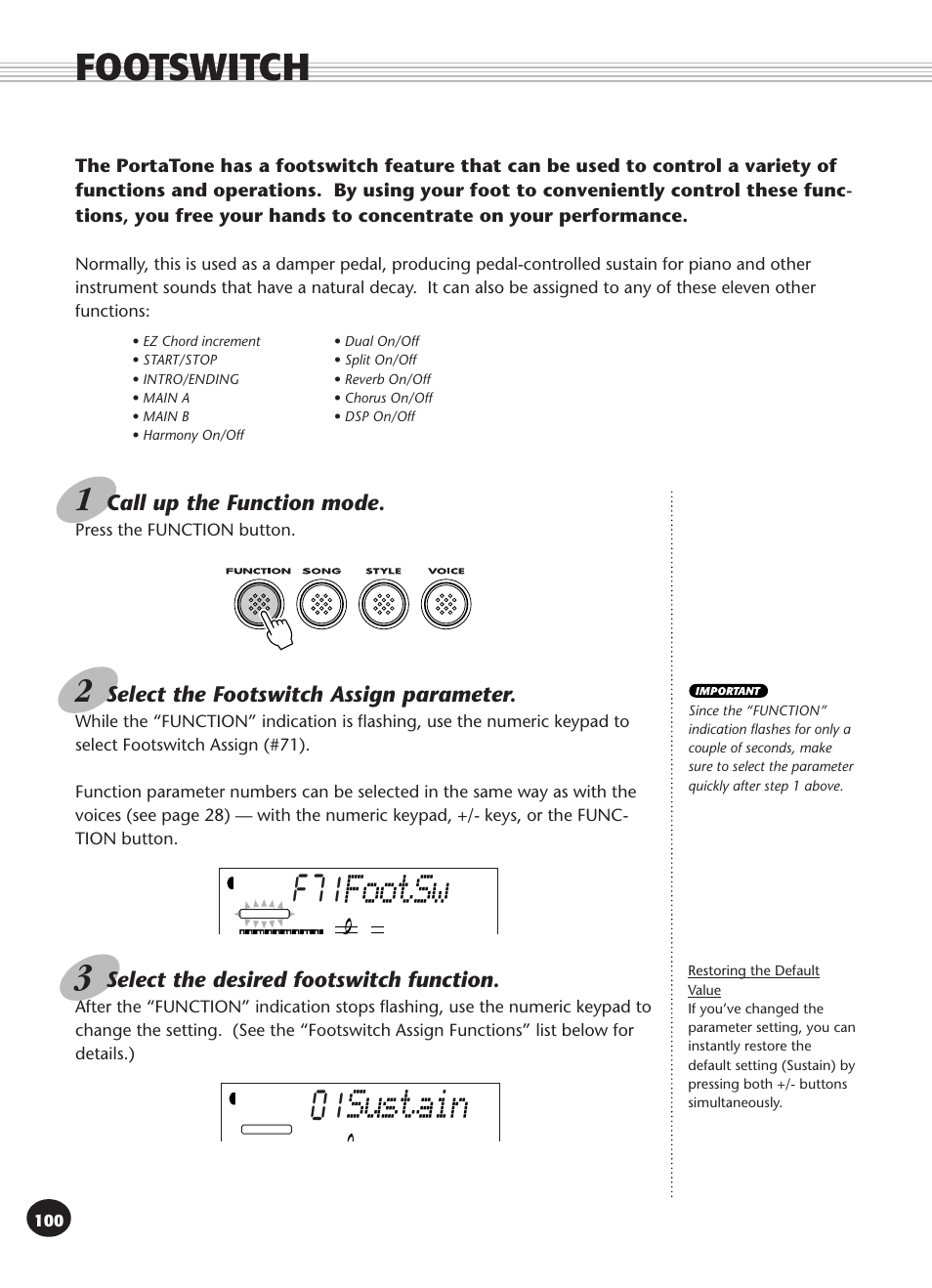 Footswitch 100, Footswitch, Footsw | Sustain | Yamaha PSR-340 User Manual | Page 100 / 128