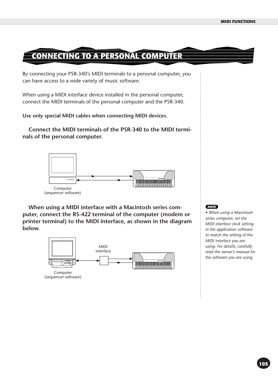 Connecting to a personal computer | Yamaha PSR-340 User Manual | Page 105 / 128