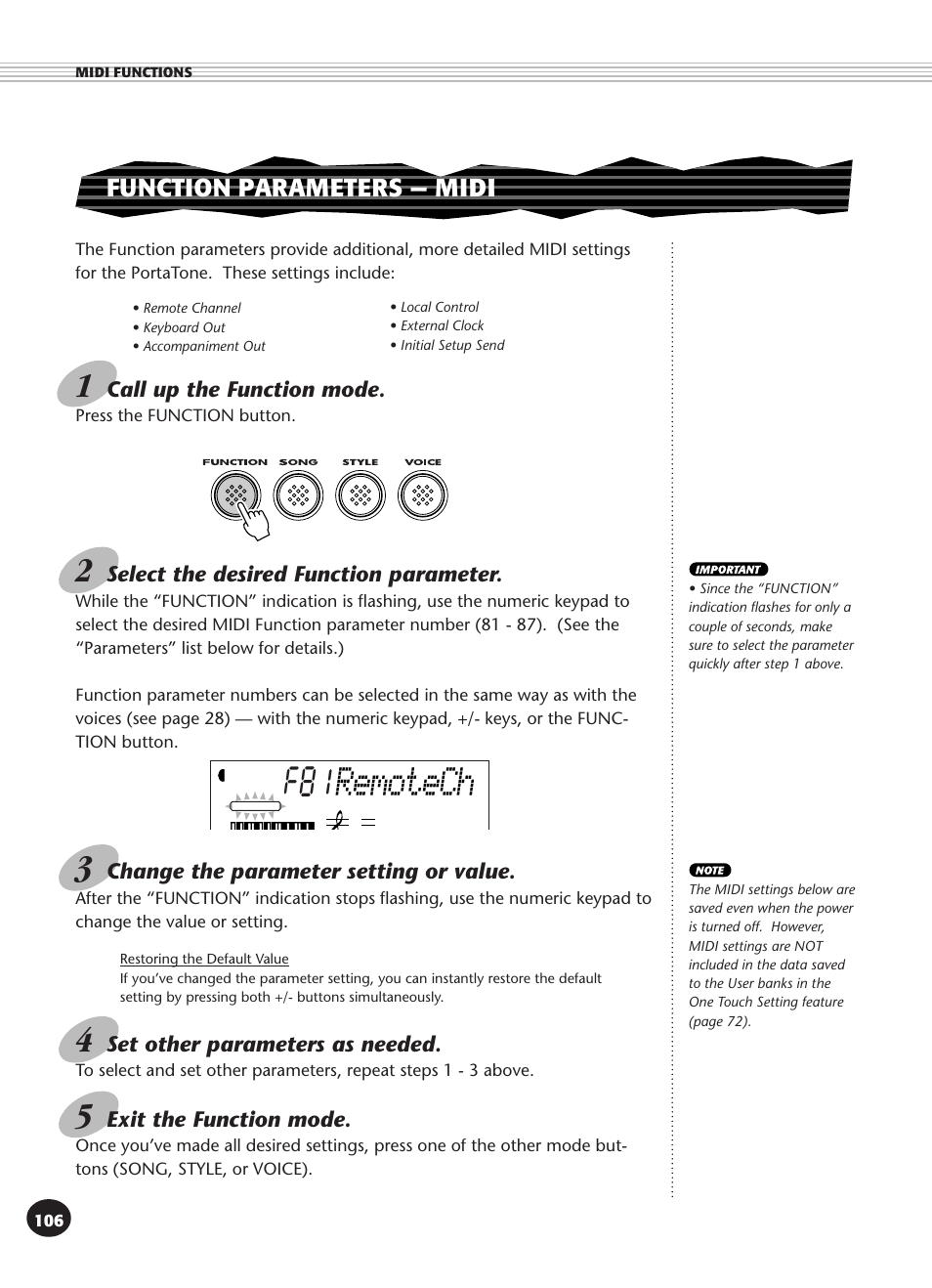 Function parameters - midi, Remotech, Function parameters — midi | Yamaha PSR-340 User Manual | Page 106 / 128