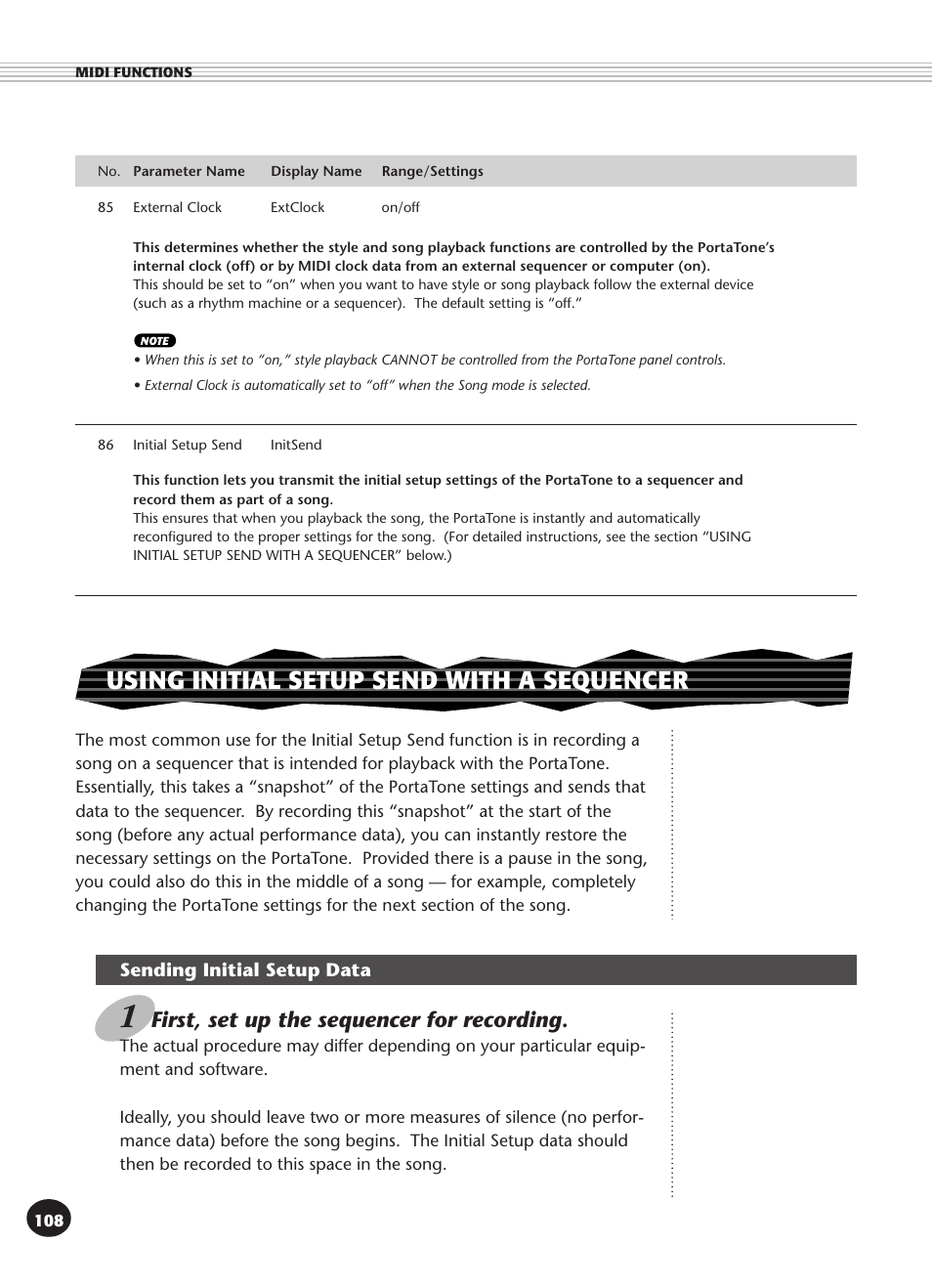 Using initial setup send with a sequencer, Sending initial setup data, First, set up the sequencer for recording | Yamaha PSR-340 User Manual | Page 108 / 128