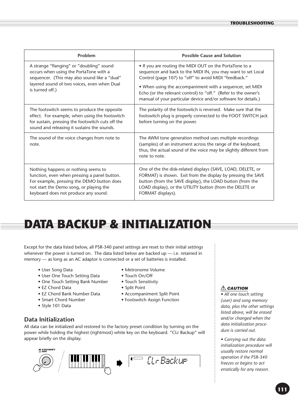 Data backup & initialization, Clr backup, Data initialization | Yamaha PSR-340 User Manual | Page 111 / 128