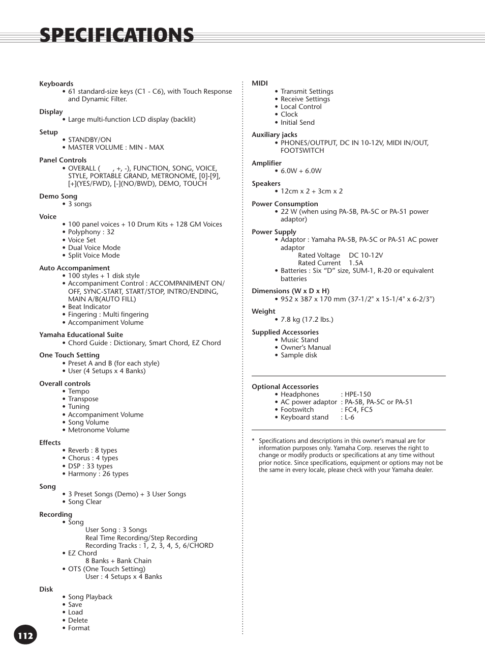 Specifications | Yamaha PSR-340 User Manual | Page 112 / 128