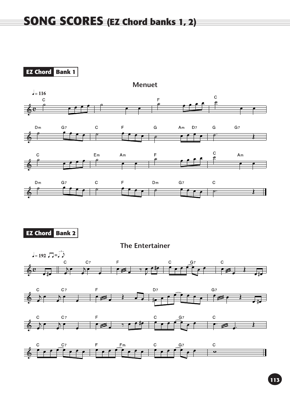 Song scores (ez chord banks 1, 2), Song scores, Ez chord banks 1, 2) | Yamaha PSR-340 User Manual | Page 113 / 128