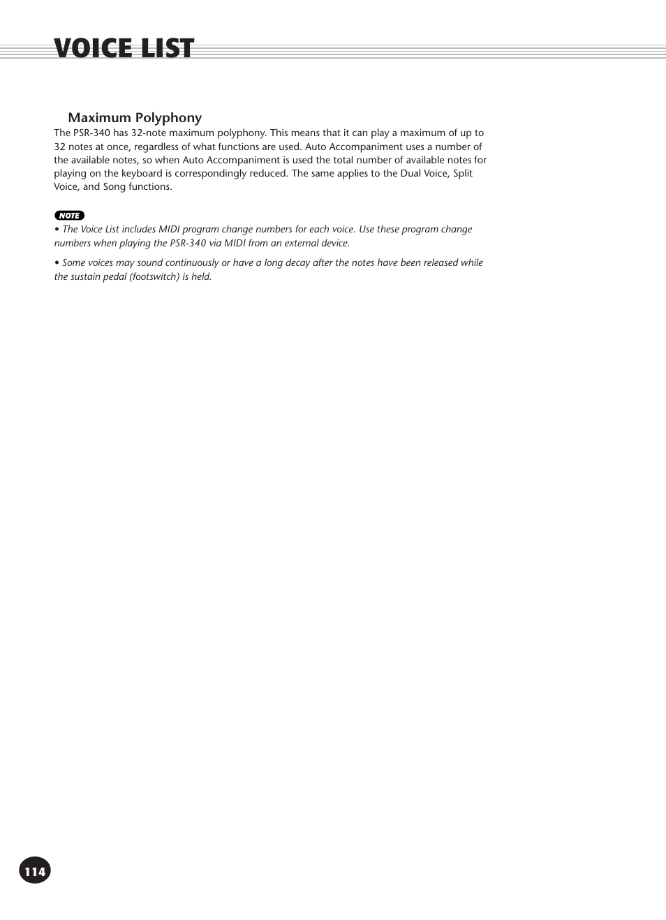 Voice list | Yamaha PSR-340 User Manual | Page 114 / 128
