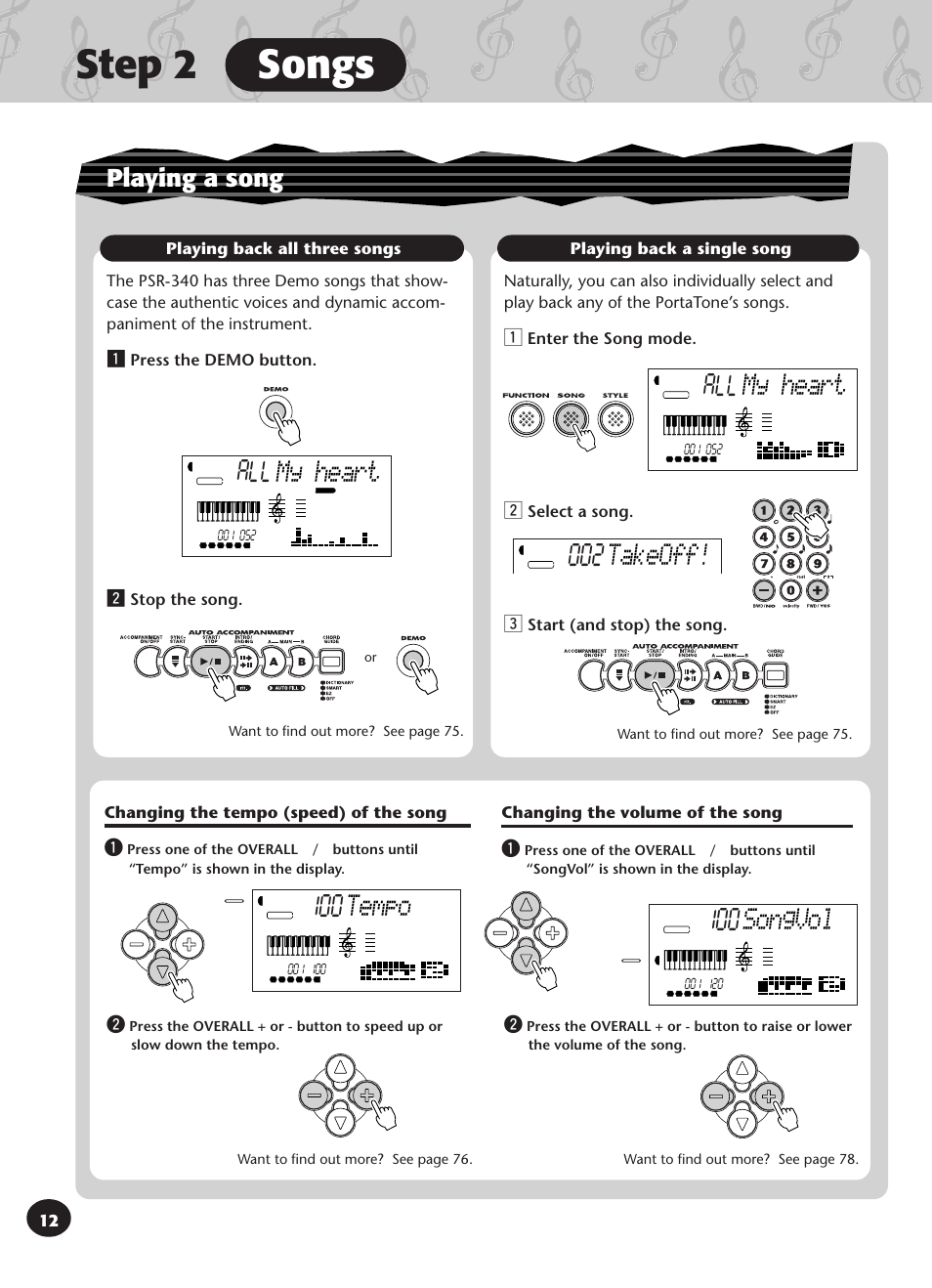 Step 2 songs, My heart 002, Takeoff! 100 | Tempo, Songvol, My heart, Playing a song | Yamaha PSR-340 User Manual | Page 12 / 128