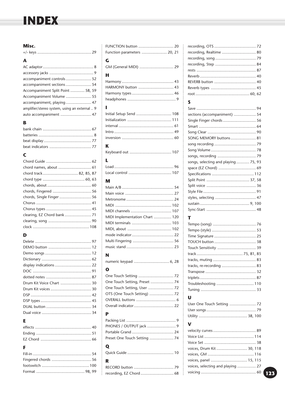 Index | Yamaha PSR-340 User Manual | Page 123 / 128