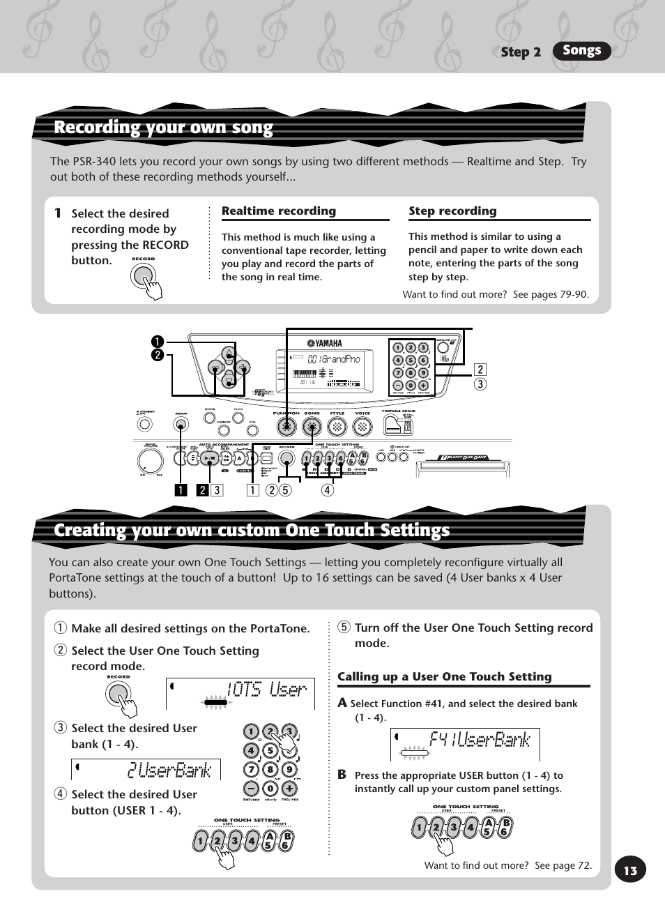 Ots user 1, F41 userbank, Userbank | Recording your own song, Creating your own custom one touch settings, Step 2 songs | Yamaha PSR-340 User Manual | Page 13 / 128