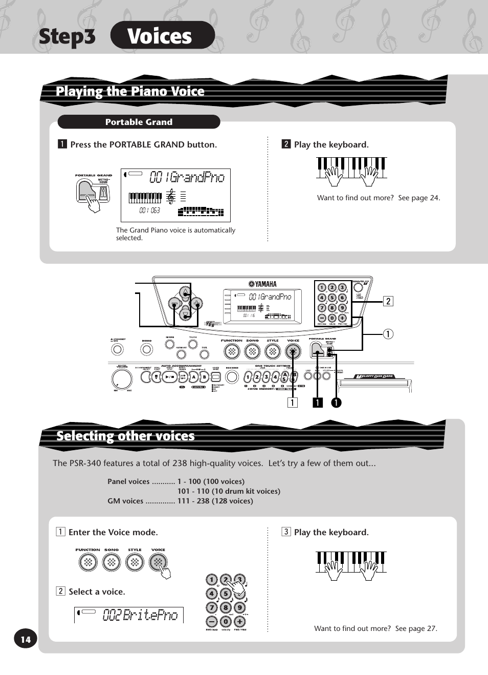 Step 3 voices, Step3 voices, 002 britepno | Grandpno, Selecting other voices, Playing the piano voice | Yamaha PSR-340 User Manual | Page 14 / 128
