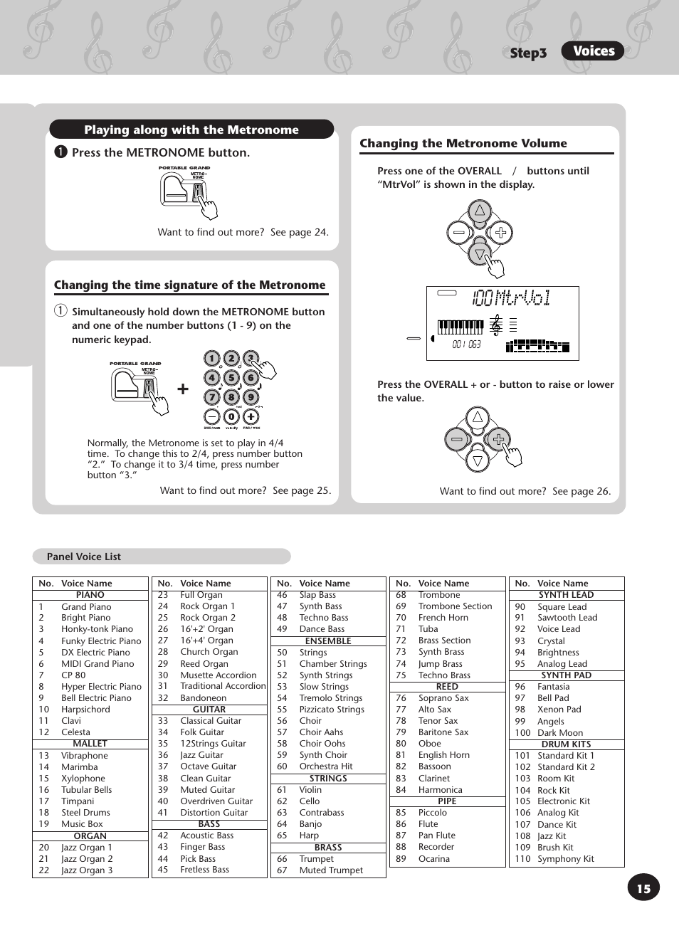 Mtrvol, Step3 voices, Changing the metronome volume | Playing along with the metronome | Yamaha PSR-340 User Manual | Page 15 / 128