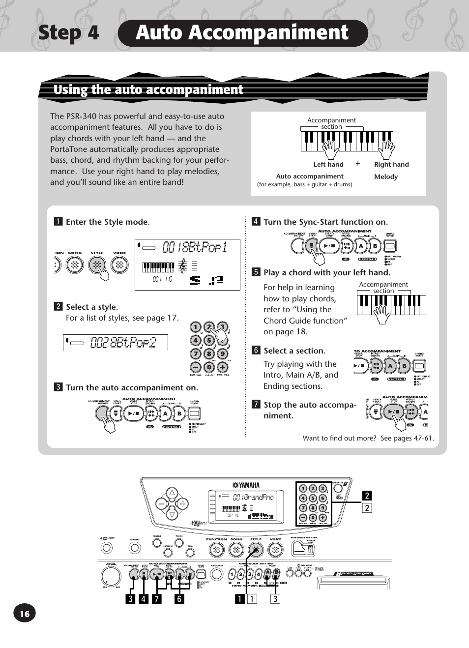 Step 4 auto accompaniment, 8btpop1, Using the auto accompaniment | Yamaha PSR-340 User Manual | Page 16 / 128