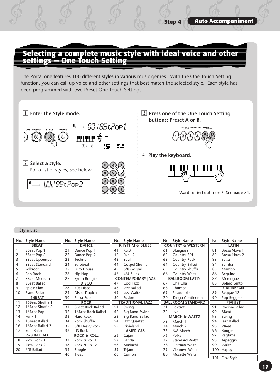 8btpop1, Step 4 auto accompaniment | Yamaha PSR-340 User Manual | Page 17 / 128