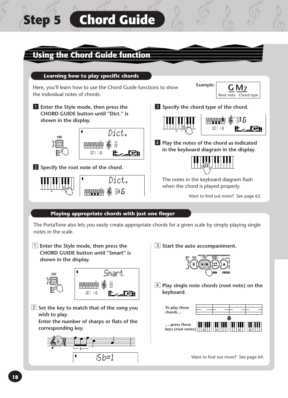 Step 5 chord guide, Dict, Smart | Using the chord guide function | Yamaha PSR-340 User Manual | Page 18 / 128