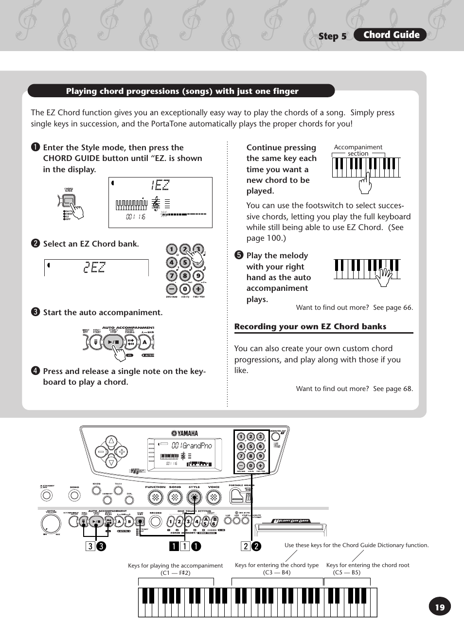 Ez 1, Ez 2, Xw zzq c e | Step 5 chord guide r | Yamaha PSR-340 User Manual | Page 19 / 128