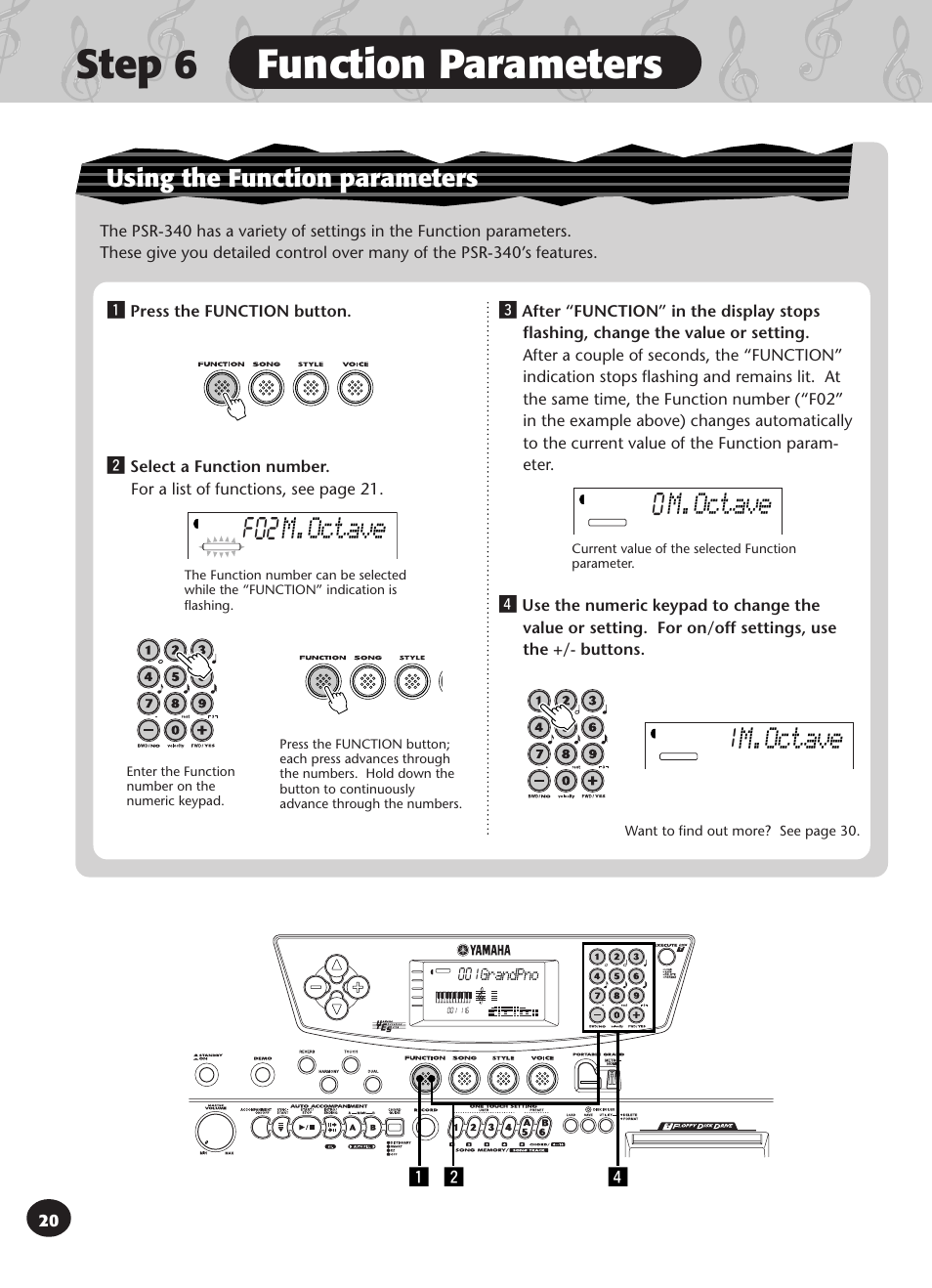 Step 6 function parameters, F02 m.octave, 0m.octave | 1m.octave, Using the function parameters, Xv z | Yamaha PSR-340 User Manual | Page 20 / 128