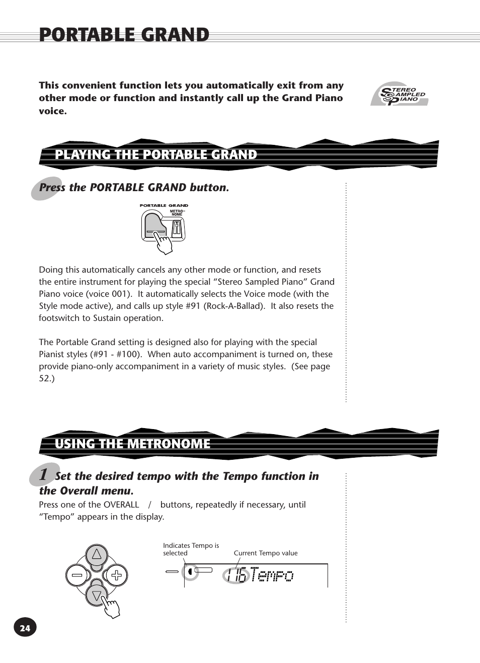 Portable grand, Playing the portable grand, Using the metronome | Tempo | Yamaha PSR-340 User Manual | Page 24 / 128