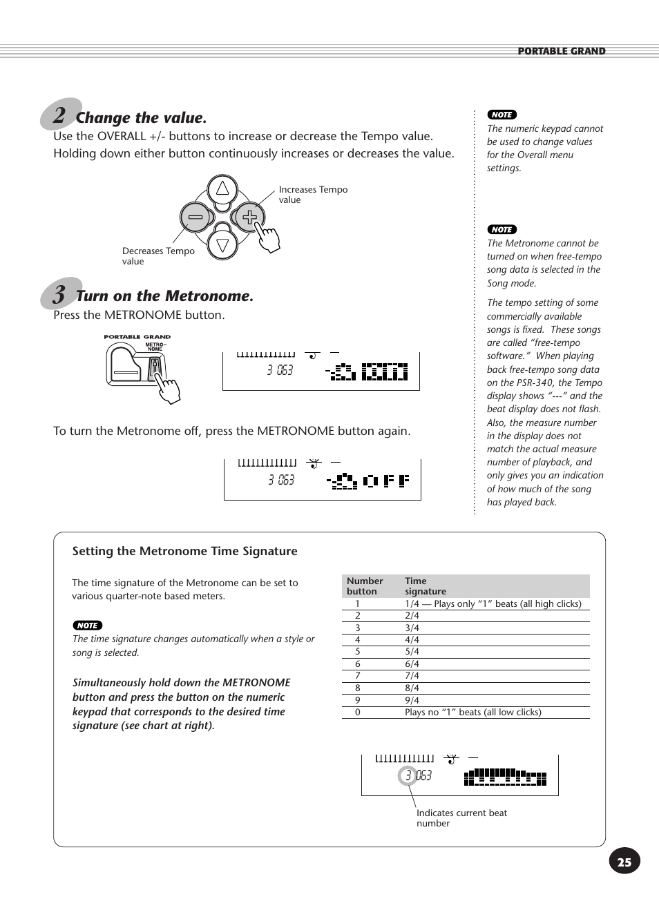 Setting the metronome time signature, Adjusting the metronome volume, Change the value | Turn on the metronome | Yamaha PSR-340 User Manual | Page 25 / 128