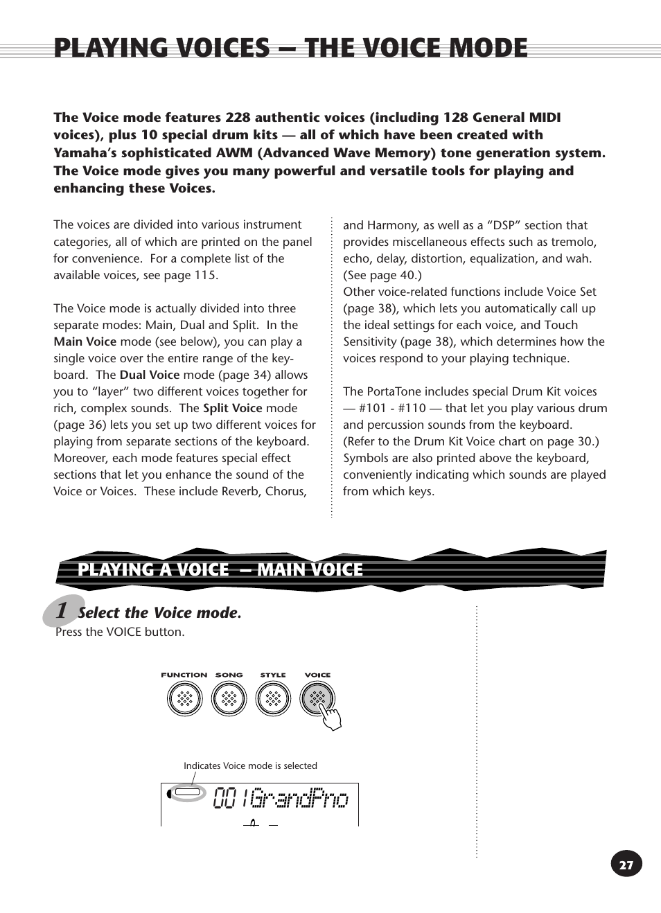 Playing voices - the voice mode, Playing a voice - main voice, Playing voices — the voice mode | Grandpno, Playing a voice — main voice | Yamaha PSR-340 User Manual | Page 27 / 128