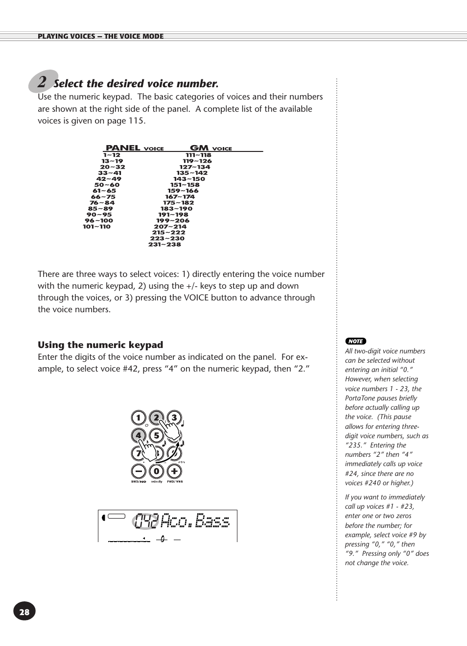 Aco.bass, Select the desired voice number, Using the numeric keypad | Yamaha PSR-340 User Manual | Page 28 / 128