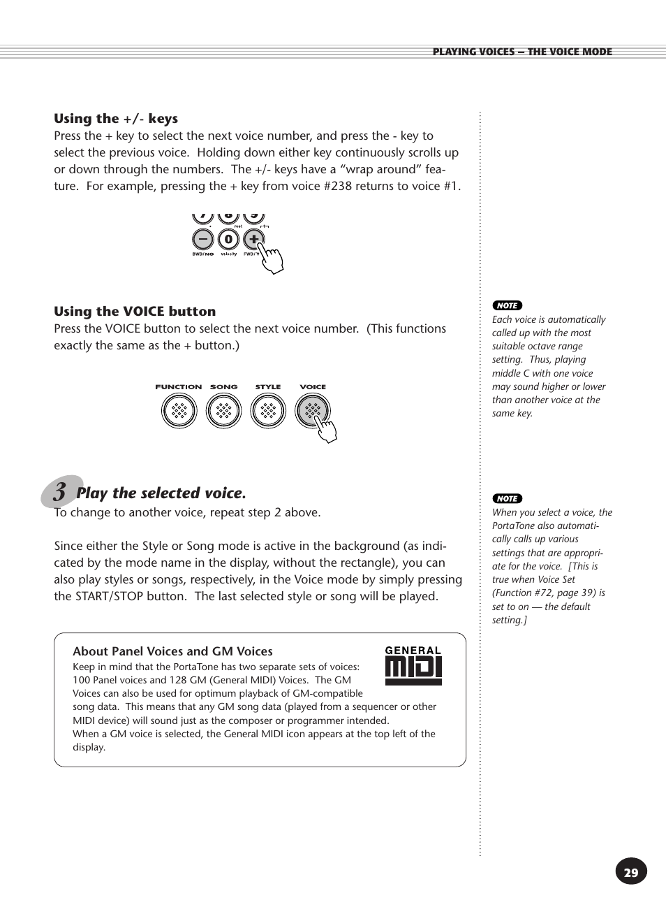 About panel voices and gm voices, Play the selected voice | Yamaha PSR-340 User Manual | Page 29 / 128