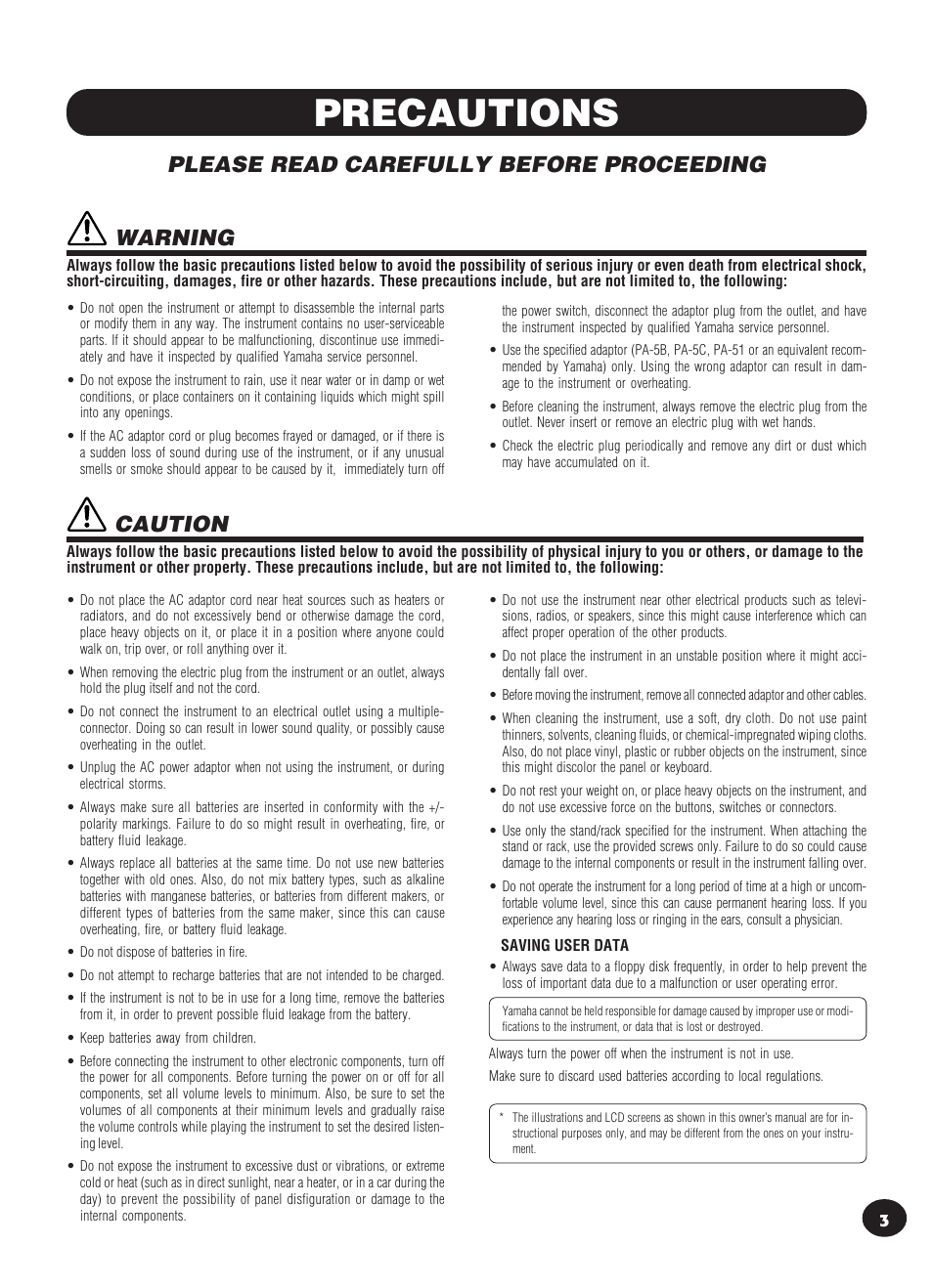 Precautions, Please read carefully before proceeding, Caution | Warning | Yamaha PSR-340 User Manual | Page 3 / 128