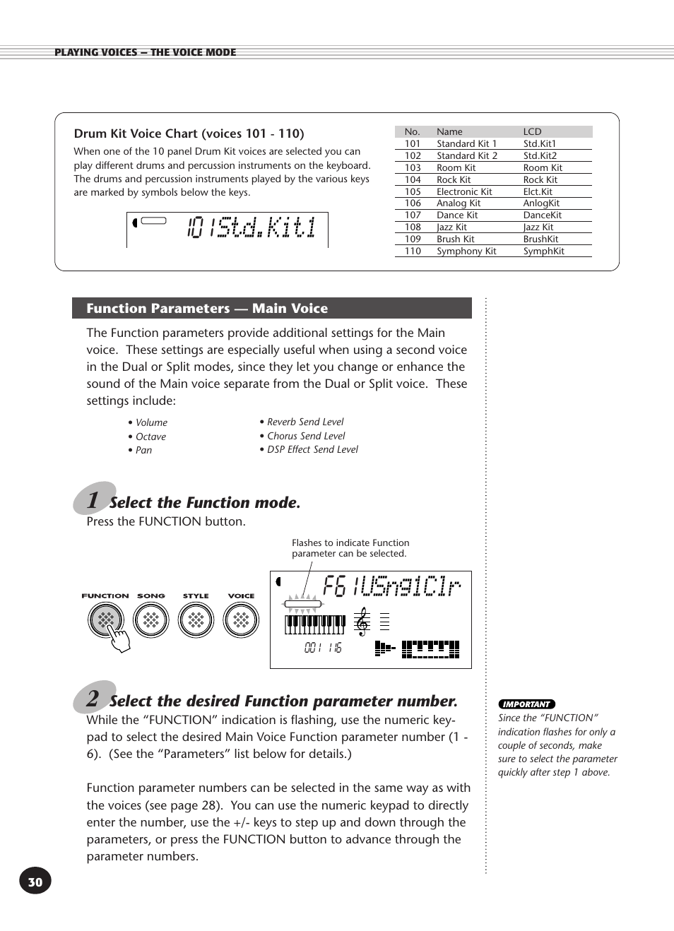 Drum kit voice chart (voices 101 - 110), Usng1clr, Std.kit1 | Select the function mode, Select the desired function parameter number | Yamaha PSR-340 User Manual | Page 30 / 128