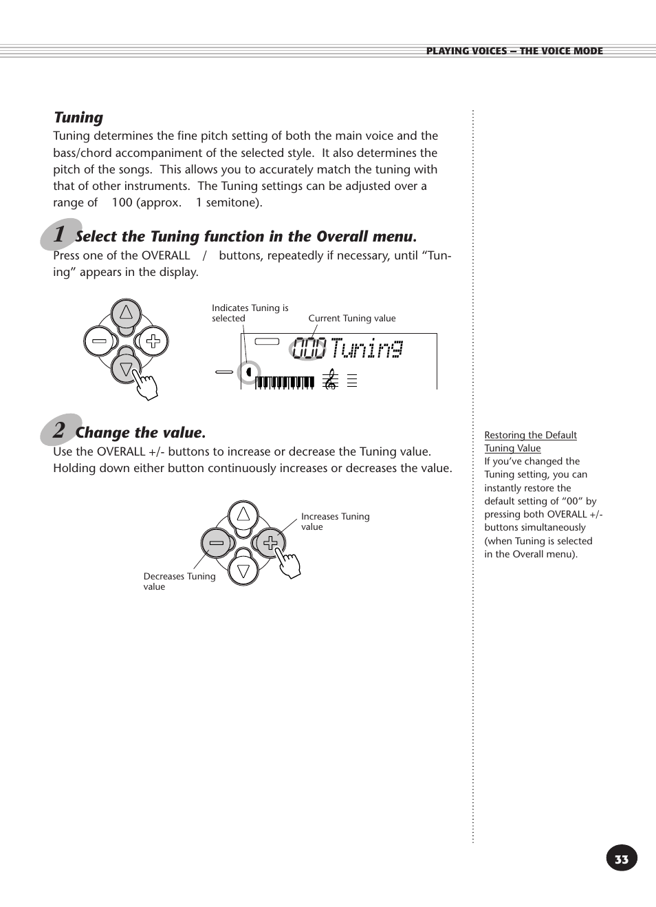 Tuning, Select the tuning function in the overall menu, Change the value | Yamaha PSR-340 User Manual | Page 33 / 128