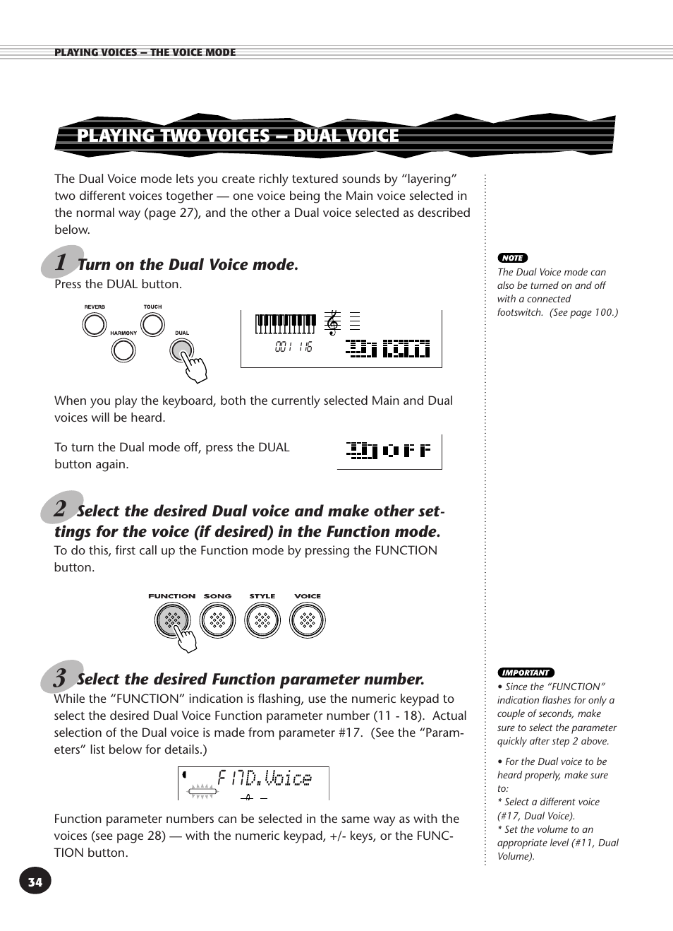 Playing two voices - dual voice, D.voice, Playing two voices — dual voice | Turn on the dual voice mode, Select the desired function parameter number | Yamaha PSR-340 User Manual | Page 34 / 128