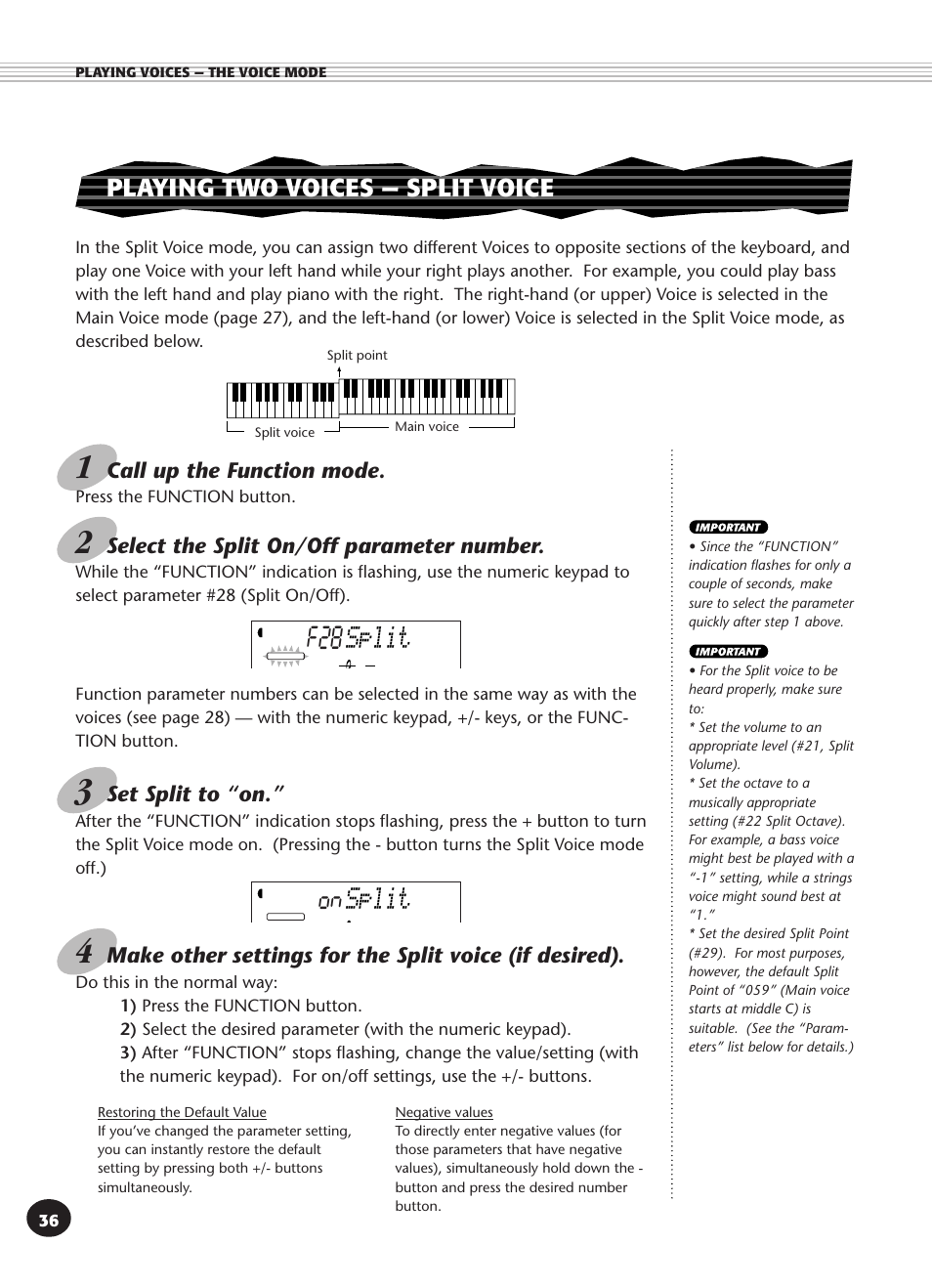 Playing two voices - split voice, Split, Playing two voices — split voice | Yamaha PSR-340 User Manual | Page 36 / 128