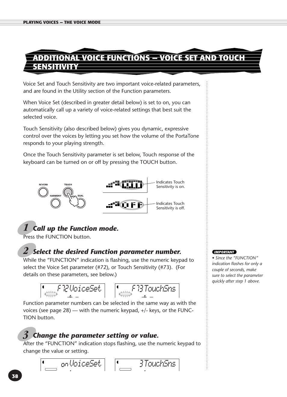 F72 voiceset, F73 touchsns, On voiceset | 3touchsns, Call up the function mode, Select the desired function parameter number, Change the parameter setting or value | Yamaha PSR-340 User Manual | Page 38 / 128