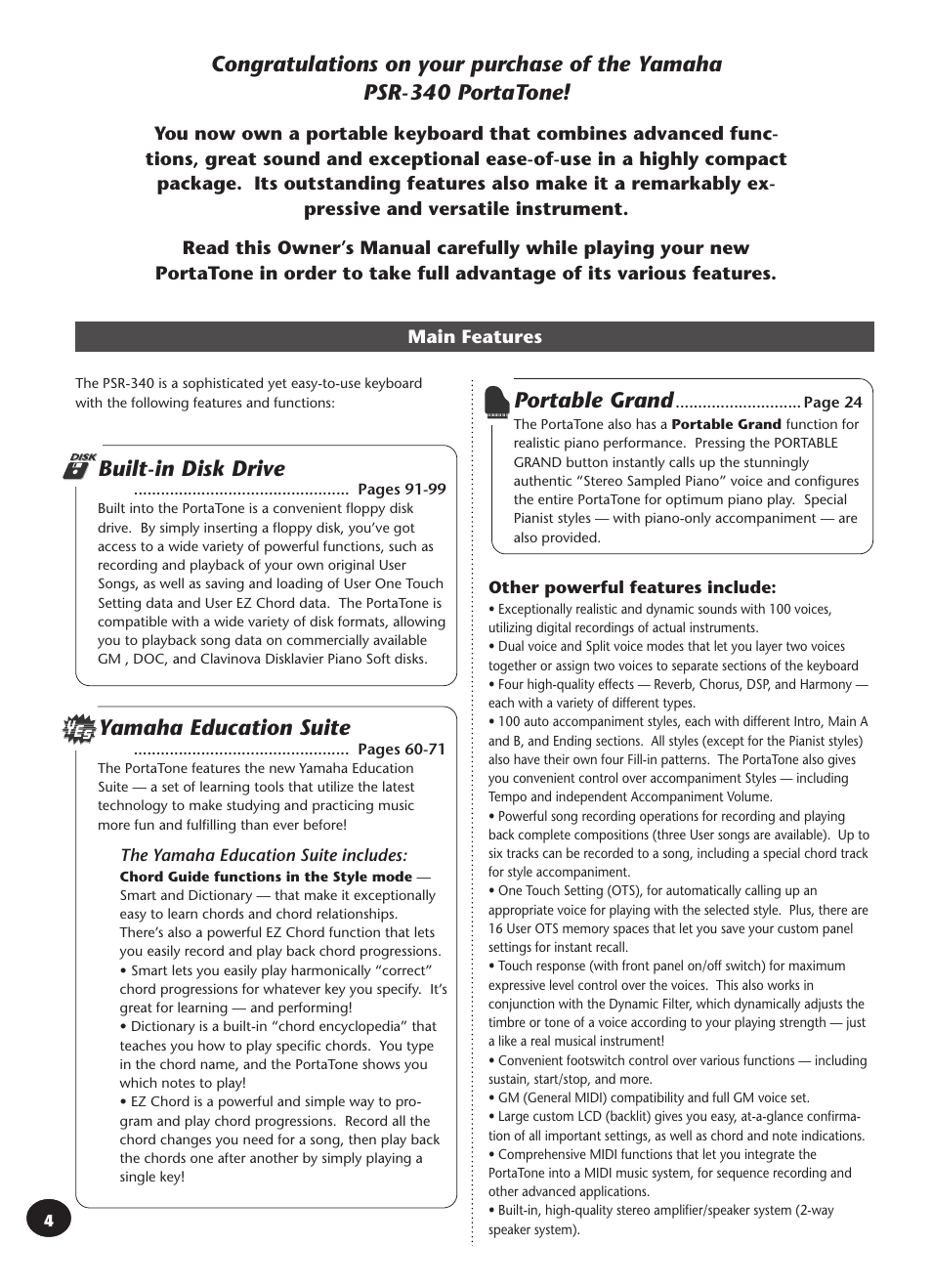 Yamaha education suite, Portable grand, Built-in disk drive | Yamaha PSR-340 User Manual | Page 4 / 128