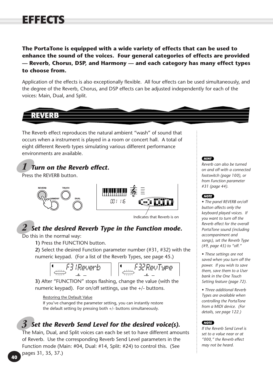 Effects, Reverb, F31 reverb | F32 revtype, Turn on the reverb effect, Set the desired reverb type in the function mode, Set the reverb send level for the desired voice(s) | Yamaha PSR-340 User Manual | Page 40 / 128