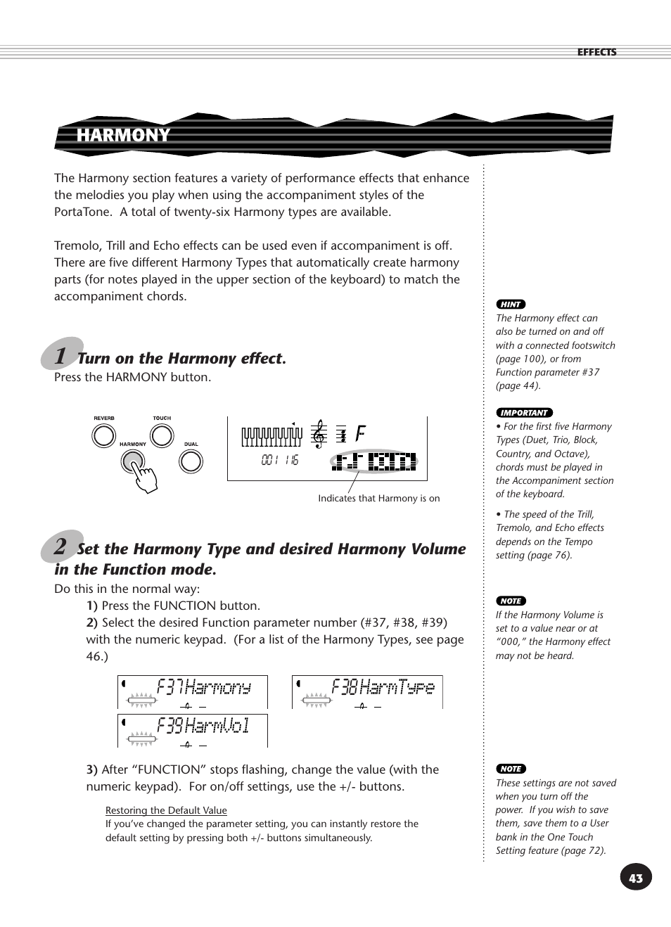 Harmony, F38 harmtype, F39 harmvol | F37 harmony, Turn on the harmony effect | Yamaha PSR-340 User Manual | Page 43 / 128