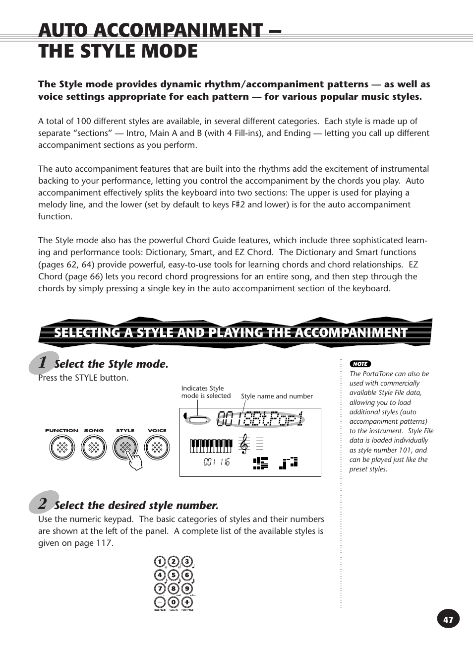 Auto accompaniment - the style mode, Selecting a style and playing the accompaniment, Auto accompaniment — the style mode | 8btpop1 | Yamaha PSR-340 User Manual | Page 47 / 128