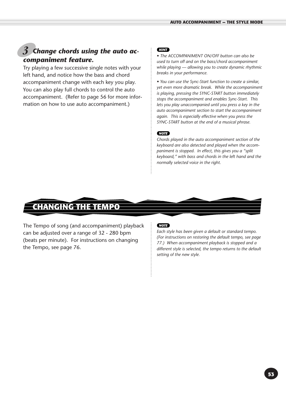 Changing the tempo | Yamaha PSR-340 User Manual | Page 53 / 128