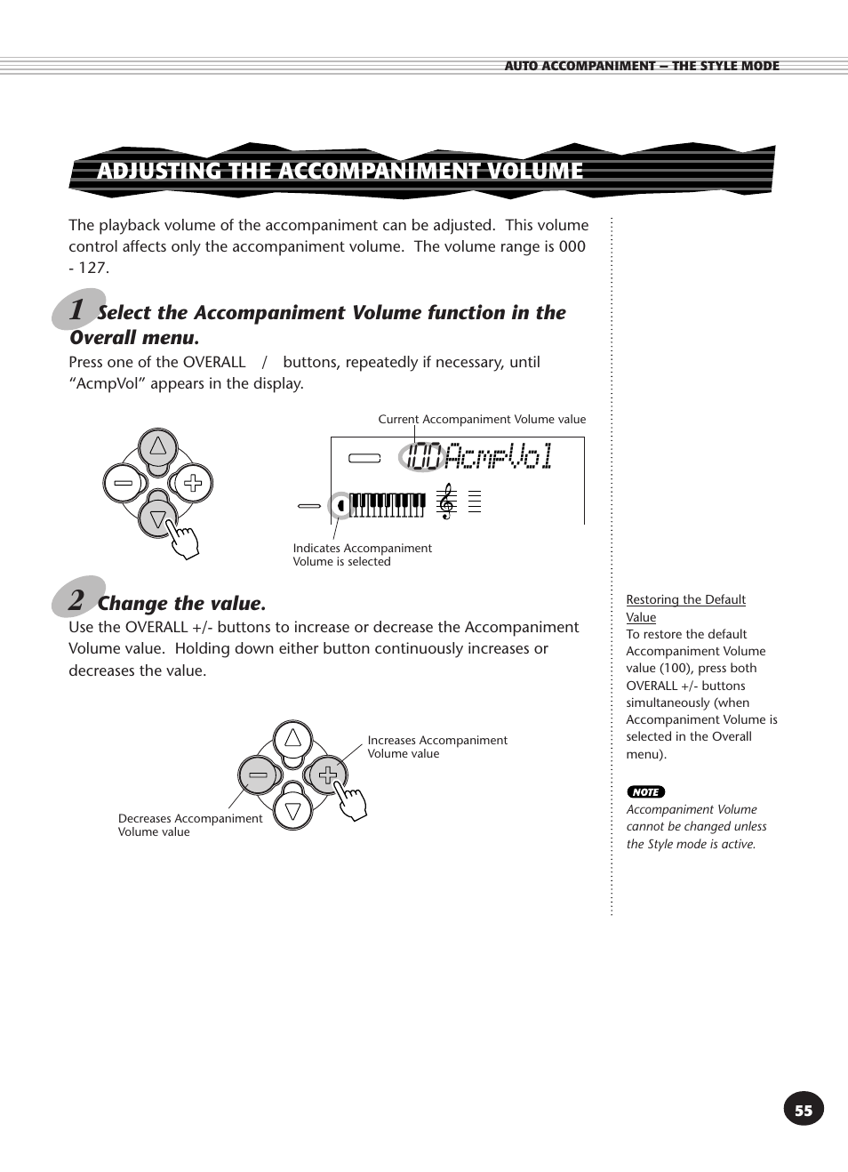 Adjusting the accompaniment volume, Acmpvol | Yamaha PSR-340 User Manual | Page 55 / 128