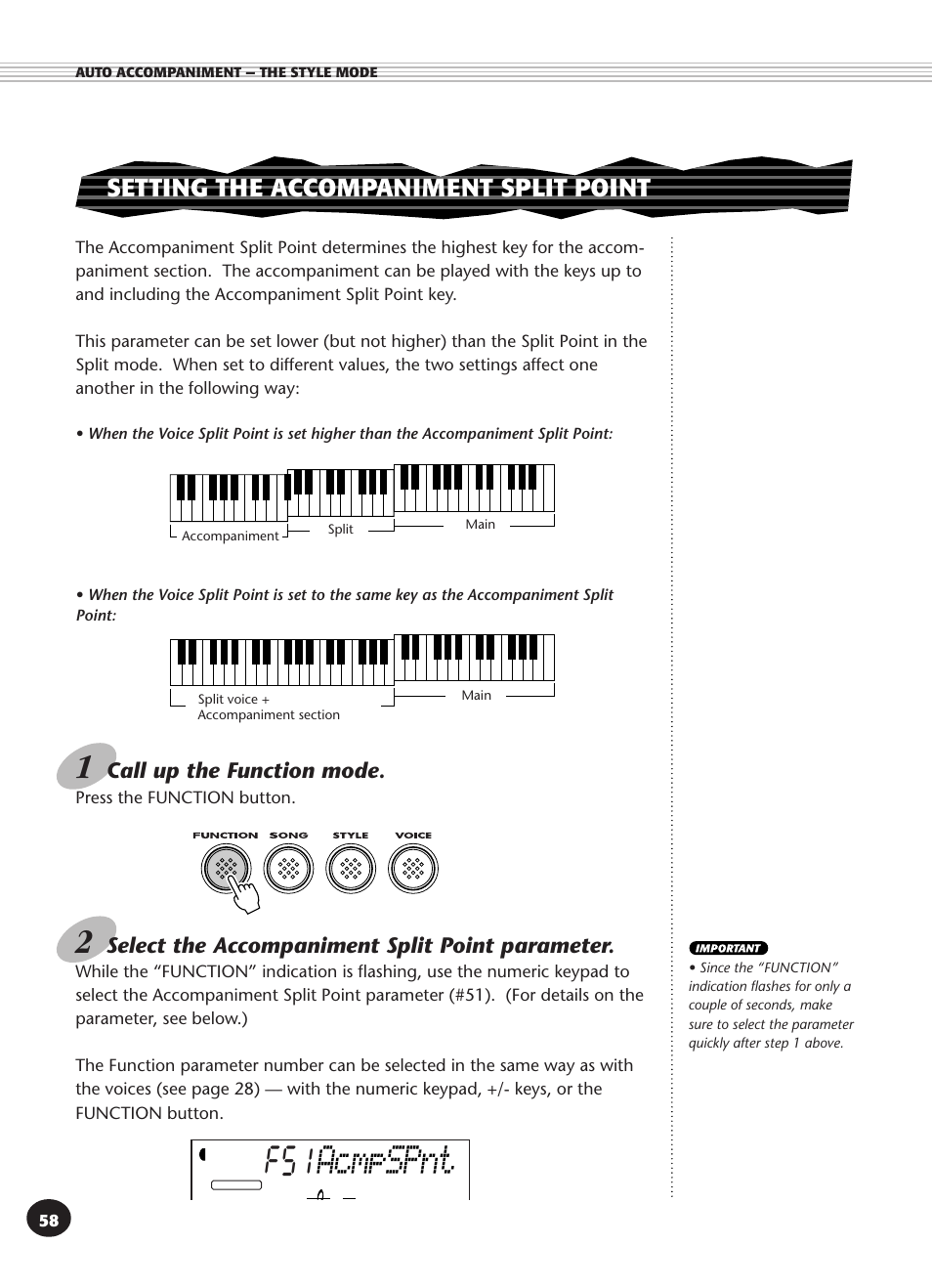 Setting the accompaniment split point, Acmpspnt | Yamaha PSR-340 User Manual | Page 58 / 128