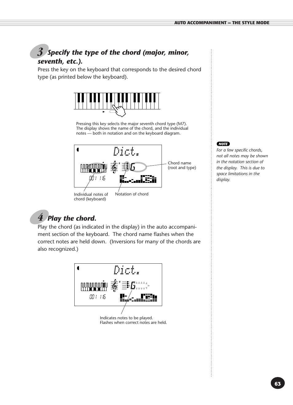 Dict, Play the chord | Yamaha PSR-340 User Manual | Page 63 / 128