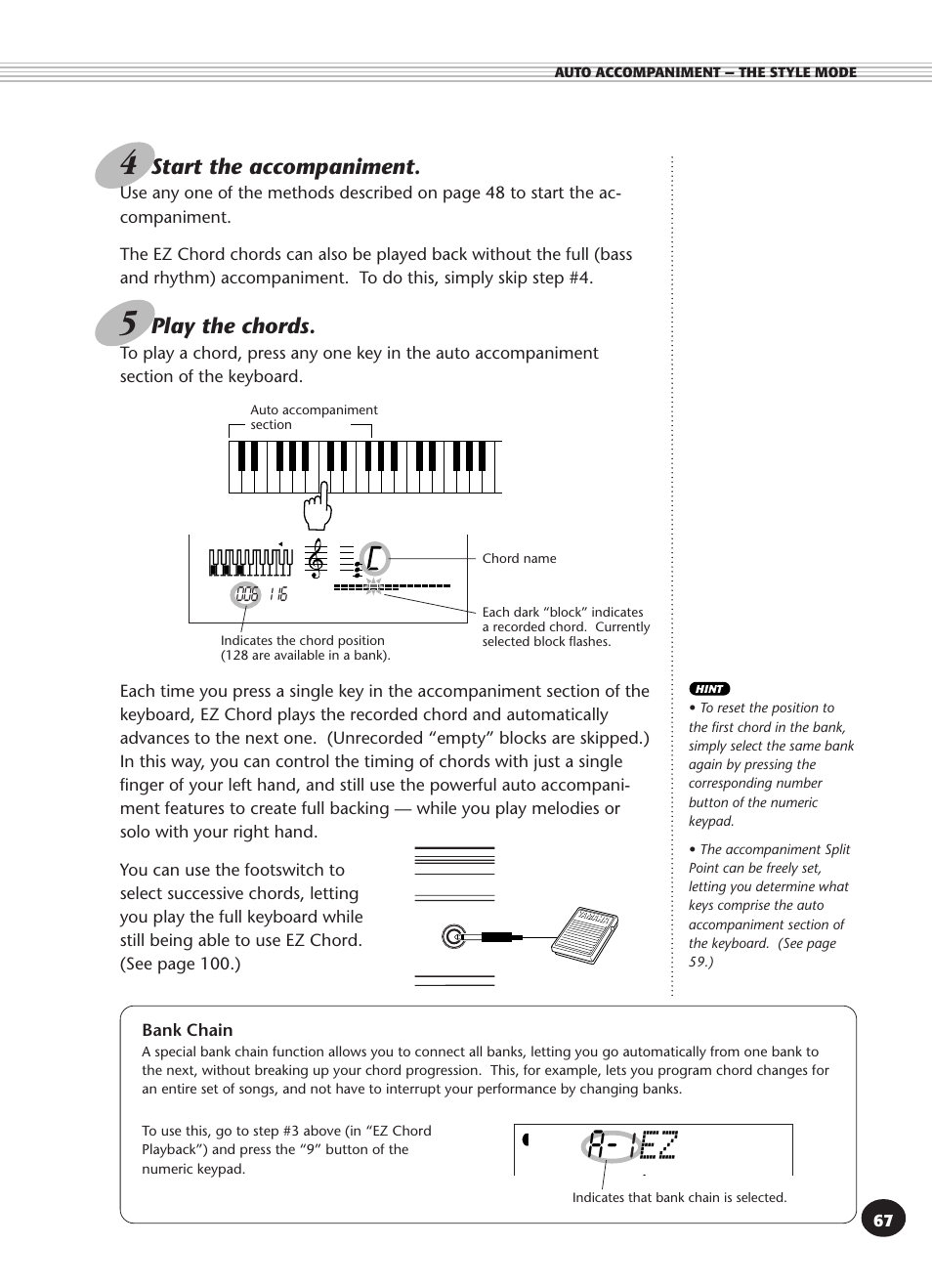 Bank chain, A- 1, Start the accompaniment | Play the chords | Yamaha PSR-340 User Manual | Page 67 / 128