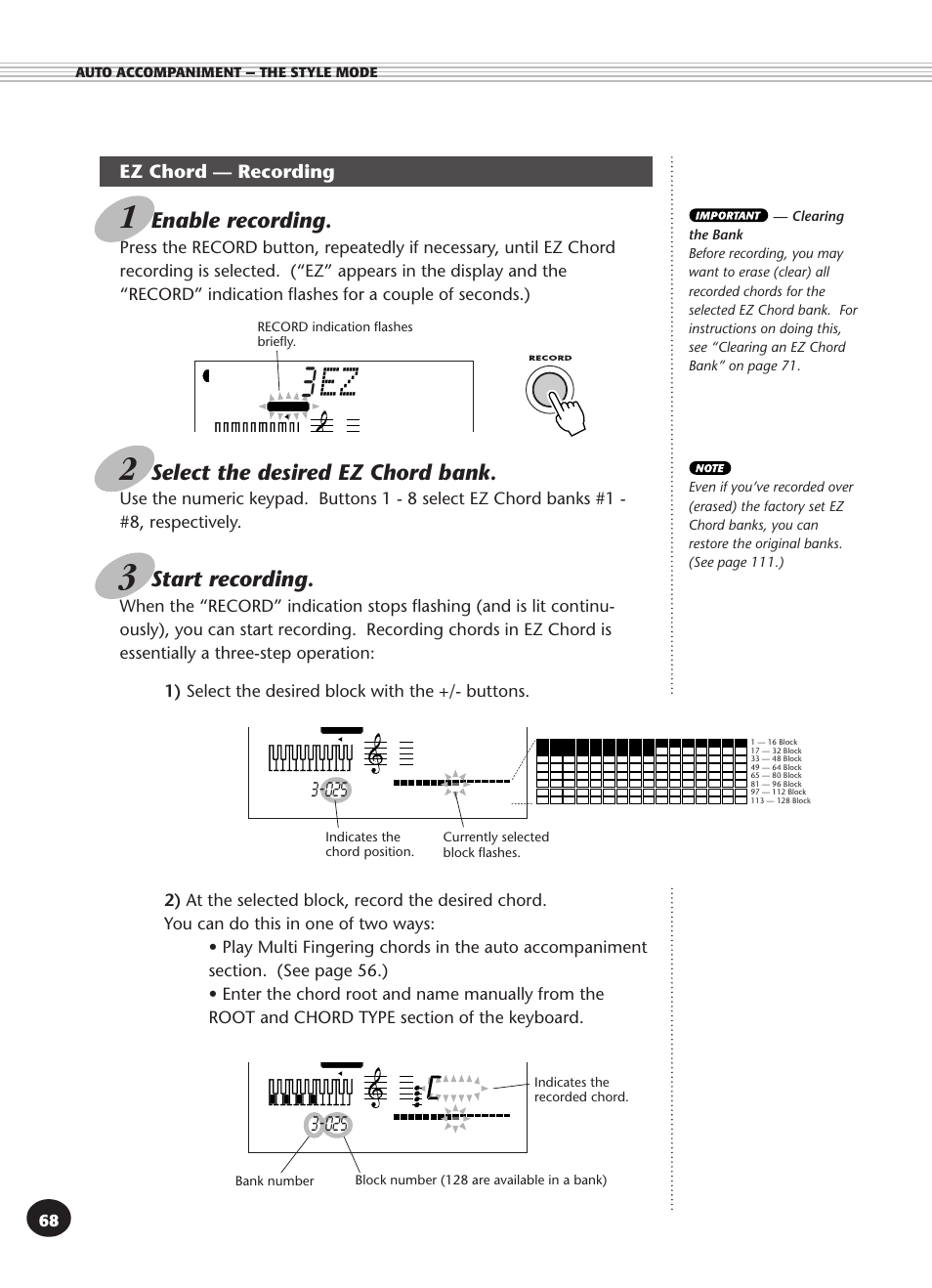 Ez chord - recording, Enable recording, Select the desired ez chord bank | Start recording | Yamaha PSR-340 User Manual | Page 68 / 128