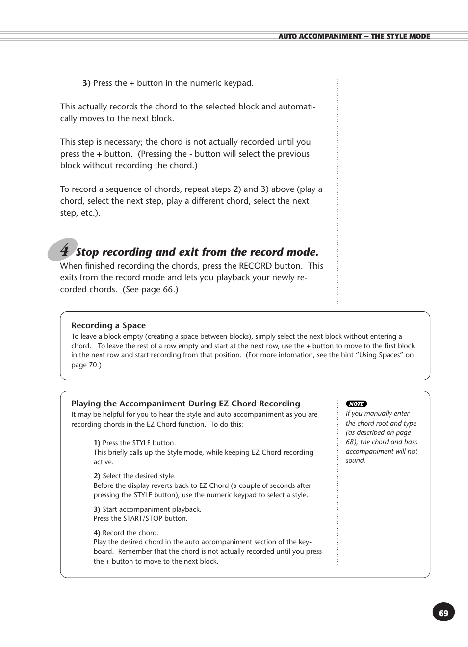 Recording a space, Stop recording and exit from the record mode | Yamaha PSR-340 User Manual | Page 69 / 128